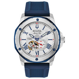 Men's Bulova Marine Star Automatic Strap Watch with Silver-Tone Skeleton Dial (Model: 98A225)