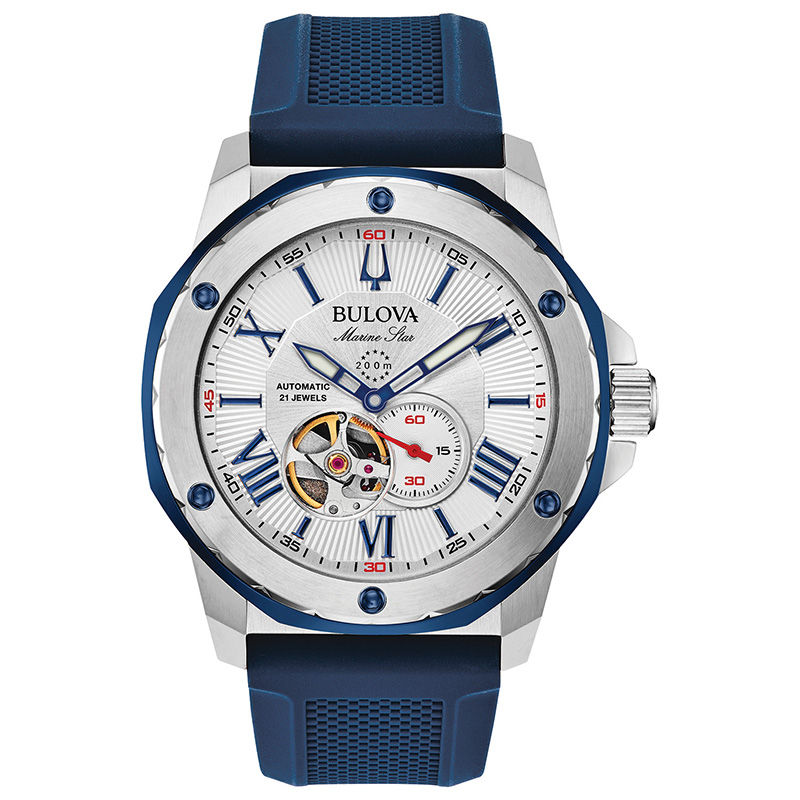 Main Image 1 of Men's Bulova Marine Star Automatic Strap Watch with Silver-Tone Skeleton Dial (Model: 98A225)