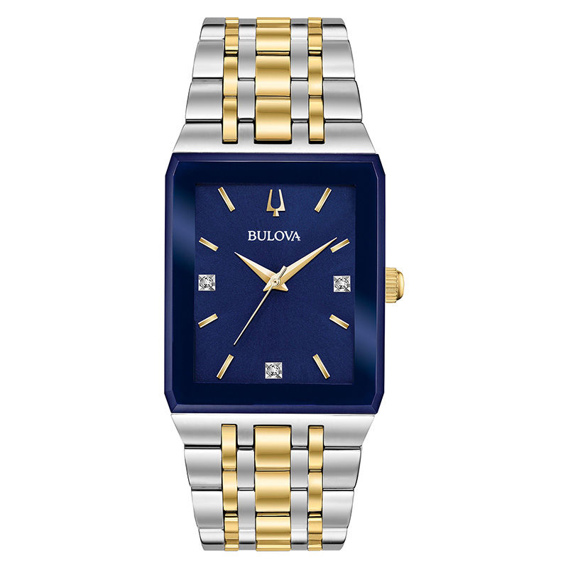 Men's Bulova Futuro Quadra Diamond Accent Two-Tone Watch with Rectangular Blue Dial (Model: 98D154)