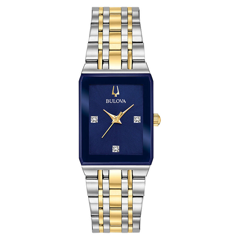 Ladies' Bulova Futuro Quadra Diamond Accent Two-Tone Watch with Rectangular Blue Dial (Model: 98P177)