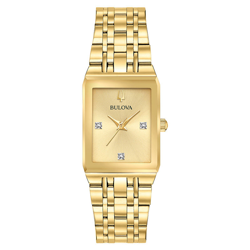 Ladies' Bulova Futuro Quadra Diamond Accent Gold-Tone Watch with Rectangular Champagne Dial (Model: 97P140)