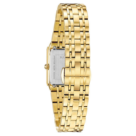 Ladies' Bulova Futuro Quadra Diamond Accent Gold-Tone Watch with Rectangular Champagne Dial (Model: 97P140)