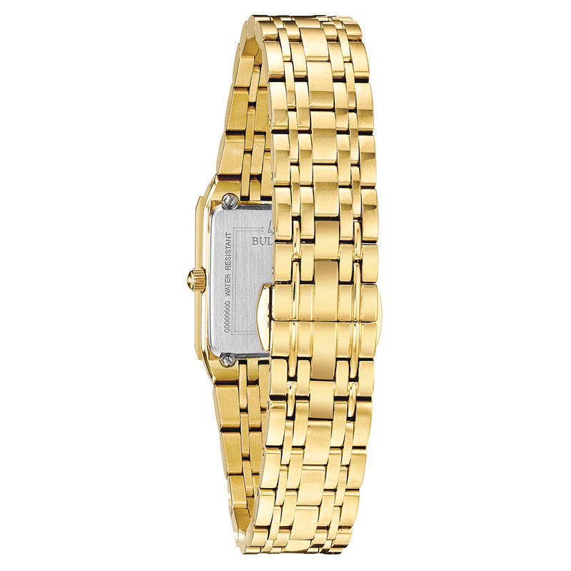 Ladies' Bulova Futuro Quadra Diamond Accent Gold-Tone Watch with Rectangular Champagne Dial (Model: 97P140)
