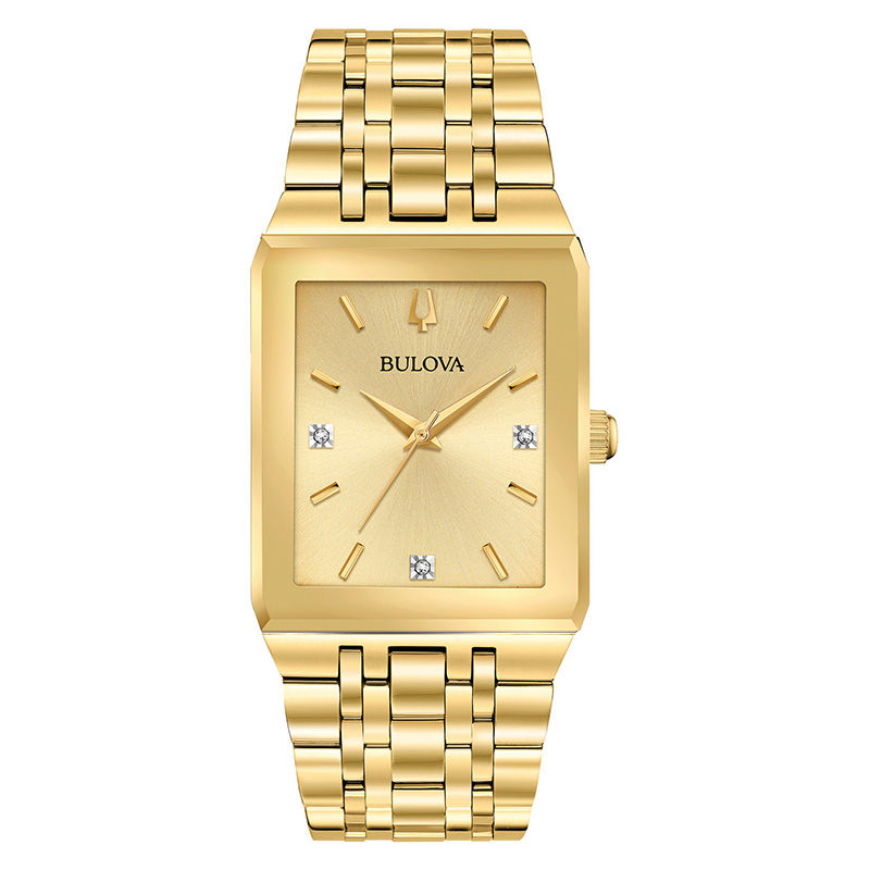 Men's Bulova Futuro Quadra Diamond Accent Gold-Tone Watch with Rectangular Champagne Dial (Model: 97D120)