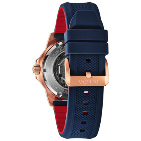 Men's Bulova Marine Star Automatic Rose-Tone Strap Watch with Blue Skeleton Dial (Model: 98A227) Men's Bulova Marine Star Automatic Rose-Tone Strap Watch with Blue Skeleton Dial (Model: 98A227)