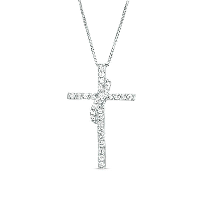 1/2 CT. T.W. Diamond Cross with Sash Pendant in 10K White Gold