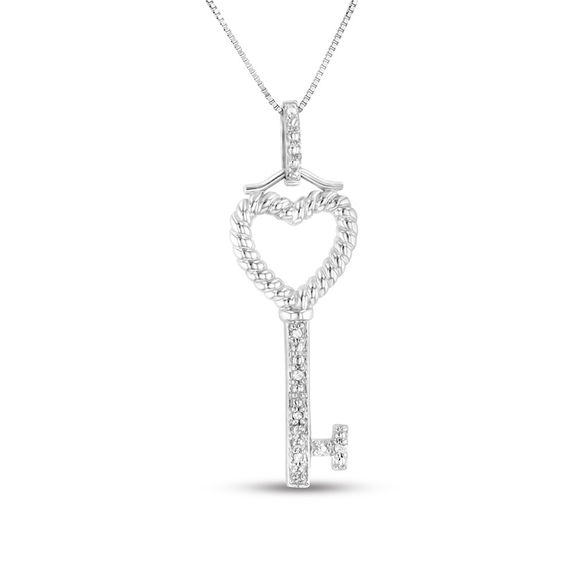 Diamond Accent Heart-Top Key Pendant in 14K White Gold