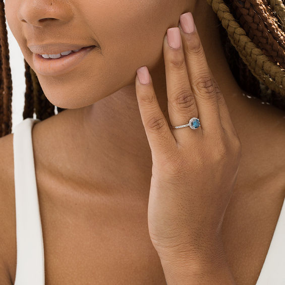 1 CT. T.w. Enhanced Blue and White Diamond Frame Engagement Ring in 14K White Gold