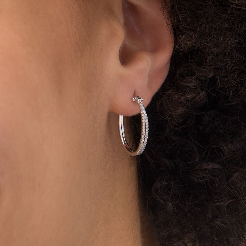 Main Image 2 of 1/4 CT. T.W. Diamond Double Oval Hoop Earrings in 10K White Gold