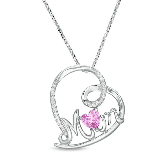 Lab-Created Pink and White Sapphire Curly Heart Mom Pendant in Sterling Silver