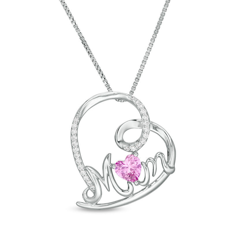 Main Image 1 of Lab-Created Pink and White Sapphire Curly Heart "Mom" Pendant in Sterling Silver