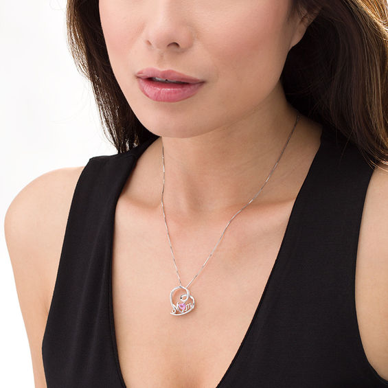 Lab-Created Pink and White Sapphire Curly Heart Mom Pendant in Sterling Silver