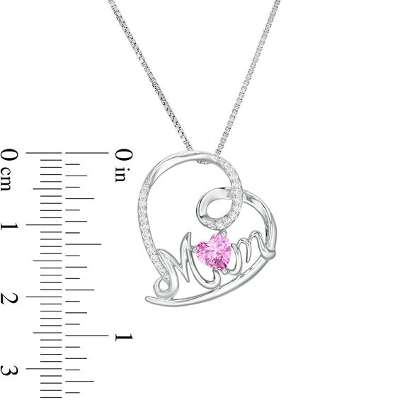 Lab-Created Pink and White Sapphire Curly Heart Mom Pendant in Sterling Silver