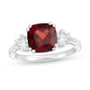 Thumbnail Image 0 of 8.0mm Cushion-Cut Garnet and 4.0mm Lab-Created White Sapphire Three Stone Ring in Sterling Silver