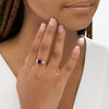 Thumbnail Image 2 of 8.0mm Cushion-Cut Garnet and 4.0mm Lab-Created White Sapphire Three Stone Ring in Sterling Silver