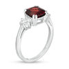 Thumbnail Image 2 of 8.0mm Cushion-Cut Garnet and 4.0mm Lab-Created White Sapphire Three Stone Ring in Sterling Silver