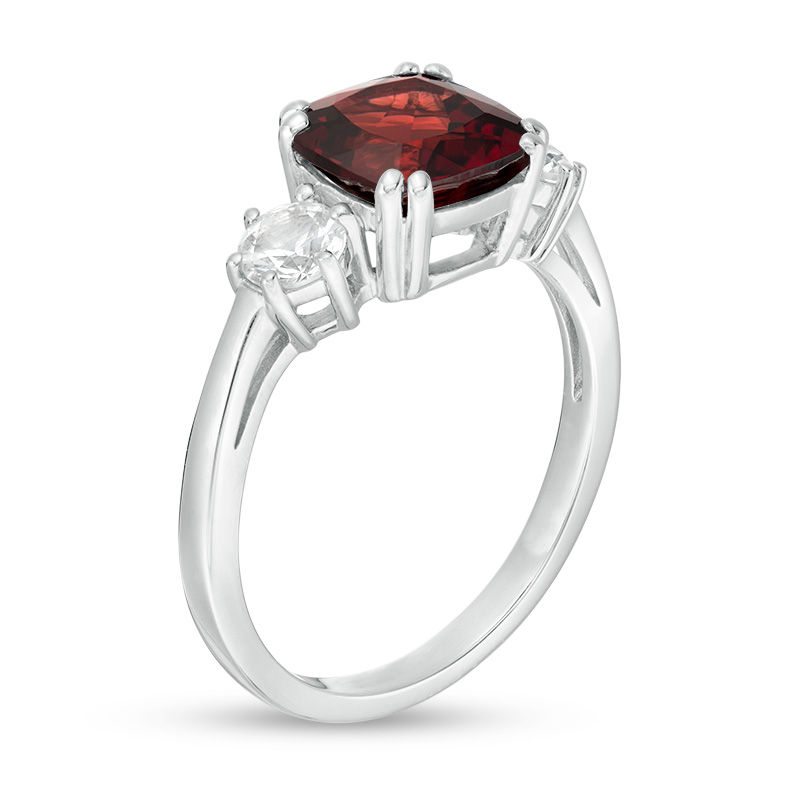 8.0mm Cushion-Cut Garnet and 4.0mm Lab-Created White Sapphire Three Stone Ring in Sterling Silver