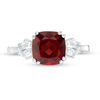 Thumbnail Image 4 of 8.0mm Cushion-Cut Garnet and 4.0mm Lab-Created White Sapphire Three Stone Ring in Sterling Silver