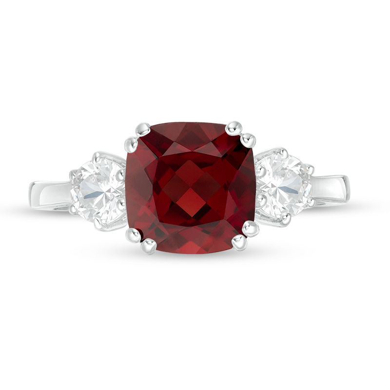 8.0mm Cushion-Cut Garnet and 4.0mm Lab-Created White Sapphire Three Stone Ring in Sterling Silver