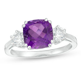 8.0mm Cushion-Cut Amethyst and 4.0mm Lab-Created White Sapphire Three Stone Ring in Sterling Silver