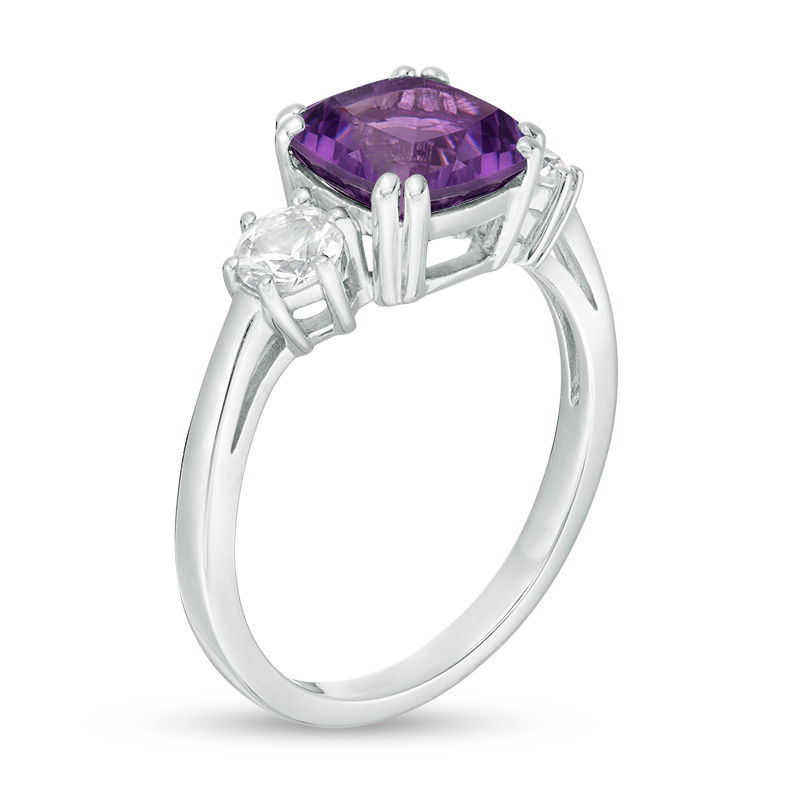 Main Image 3 of 8.0mm Cushion-Cut Amethyst and 4.0mm Lab-Created White Sapphire Three Stone Ring in Sterling Silver