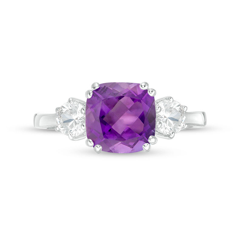 Main Image 4 of 8.0mm Cushion-Cut Amethyst and 4.0mm Lab-Created White Sapphire Three Stone Ring in Sterling Silver