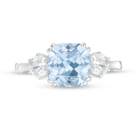 8.0mm Cushion-Cut Lab-Created Blue Spinel and White Sapphire Three Stone Ring in Sterling Silver