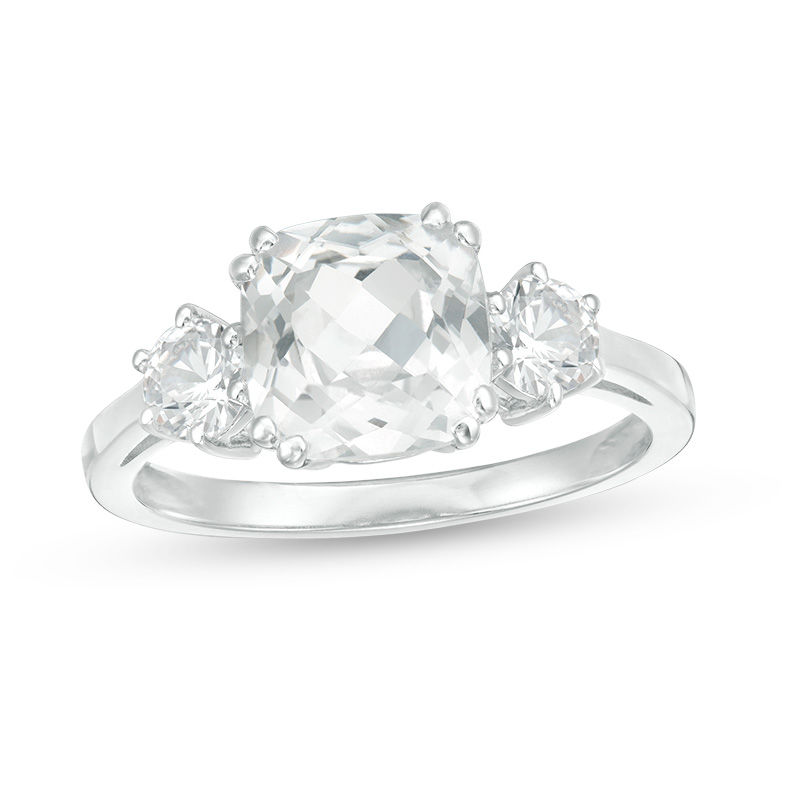 8.0mm Cushion-Cut and Round Lab-Created White Sapphire Three Stone Ring in Sterling Silver