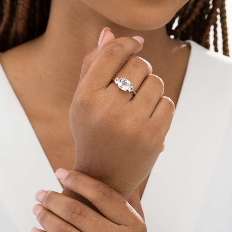 Main Image 2 of 8.0mm Cushion-Cut and Round Lab-Created White Sapphire Three Stone Ring in Sterling Silver