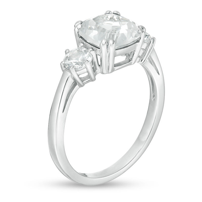 8.0mm Cushion-Cut and Round Lab-Created White Sapphire Three Stone Ring in Sterling Silver