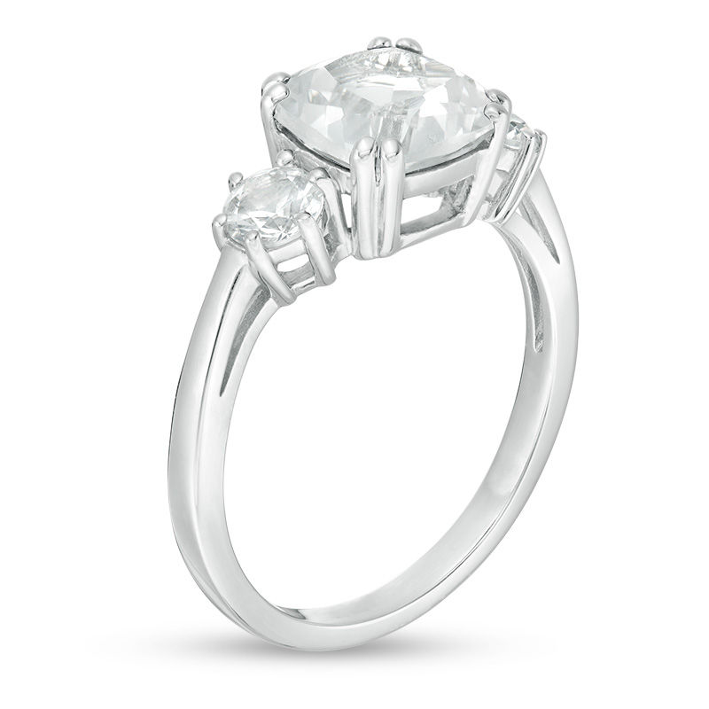 Main Image 3 of 8.0mm Cushion-Cut and Round Lab-Created White Sapphire Three Stone Ring in Sterling Silver