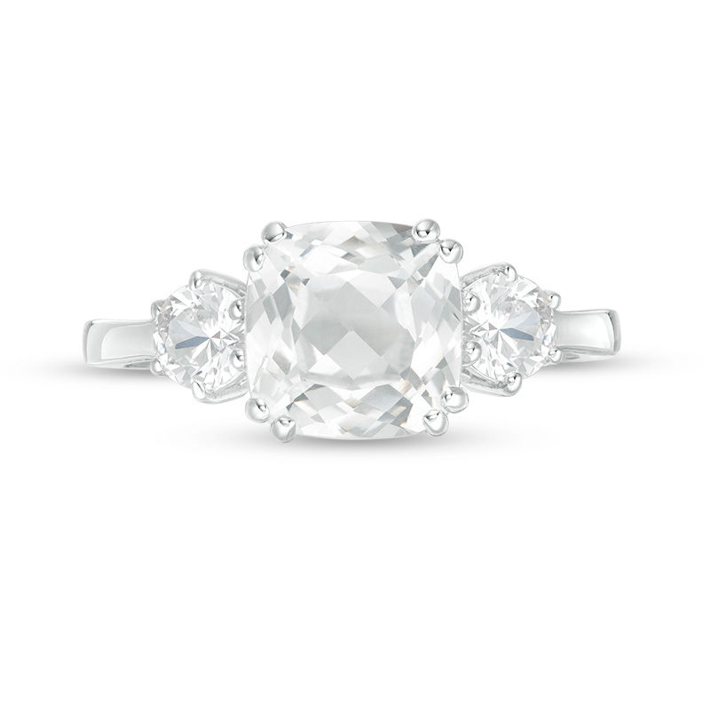 8.0mm Cushion-Cut and Round Lab-Created White Sapphire Three Stone Ring in Sterling Silver