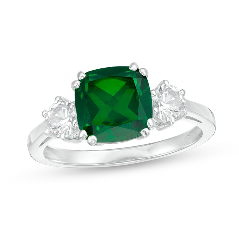 8.0mm Cushion-Cut Green Quartz Doublet and 4.0mm Lab-Created White Sapphire Three Stone Ring in Sterling Silver