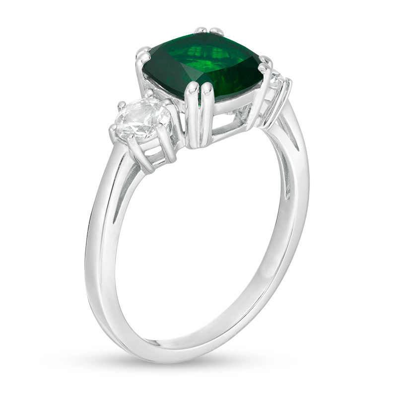 8.0mm Cushion-Cut Green Quartz Doublet and 4.0mm Lab-Created White Sapphire Three Stone Ring in Sterling Silver