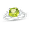 Thumbnail Image 0 of 8.0mm Cushion-Cut Peridot and 4.0mm Lab-Created White Sapphire Three Stone Ring in Sterling Silver