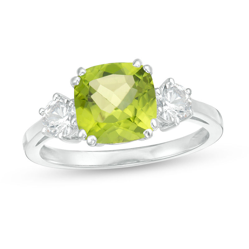 8.0mm Cushion-Cut Peridot and 4.0mm Lab-Created White Sapphire Three Stone Ring in Sterling Silver