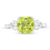 8.0mm Cushion-Cut Peridot and 4.0mm Lab-Created White Sapphire Three Stone Ring in Sterling Silver
