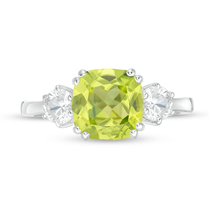 Main Image 4 of 8.0mm Cushion-Cut Peridot and 4.0mm Lab-Created White Sapphire Three Stone Ring in Sterling Silver