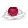 Thumbnail Image 0 of 8.0mm Cushion-Cut Lab-Created Ruby and White Sapphire Three Stone Ring in Sterling Silver