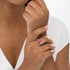 Thumbnail Image 2 of 8.0mm Cushion-Cut Lab-Created Ruby and White Sapphire Three Stone Ring in Sterling Silver