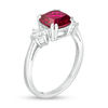 Thumbnail Image 2 of 8.0mm Cushion-Cut Lab-Created Ruby and White Sapphire Three Stone Ring in Sterling Silver