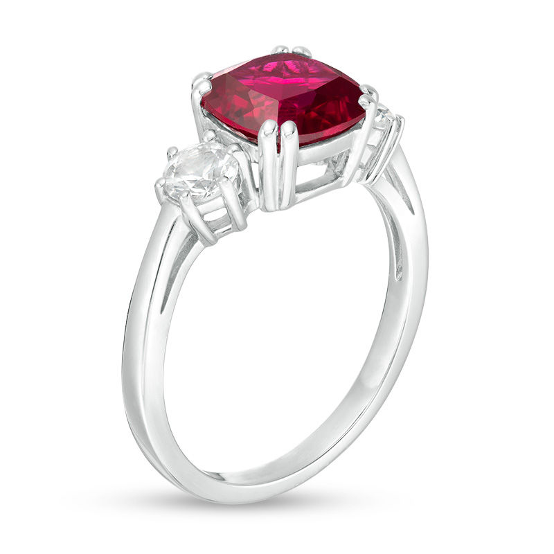 Main Image 3 of 8.0mm Cushion-Cut Lab-Created Ruby and White Sapphire Three Stone Ring in Sterling Silver