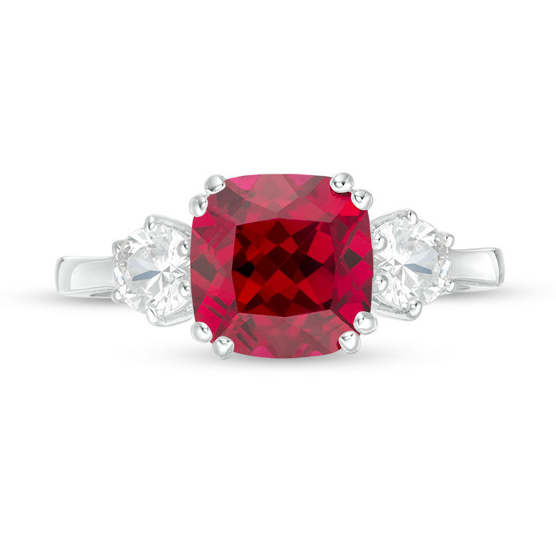 8.0mm Cushion-Cut Lab-Created Ruby and White Sapphire Three Stone Ring in Sterling Silver