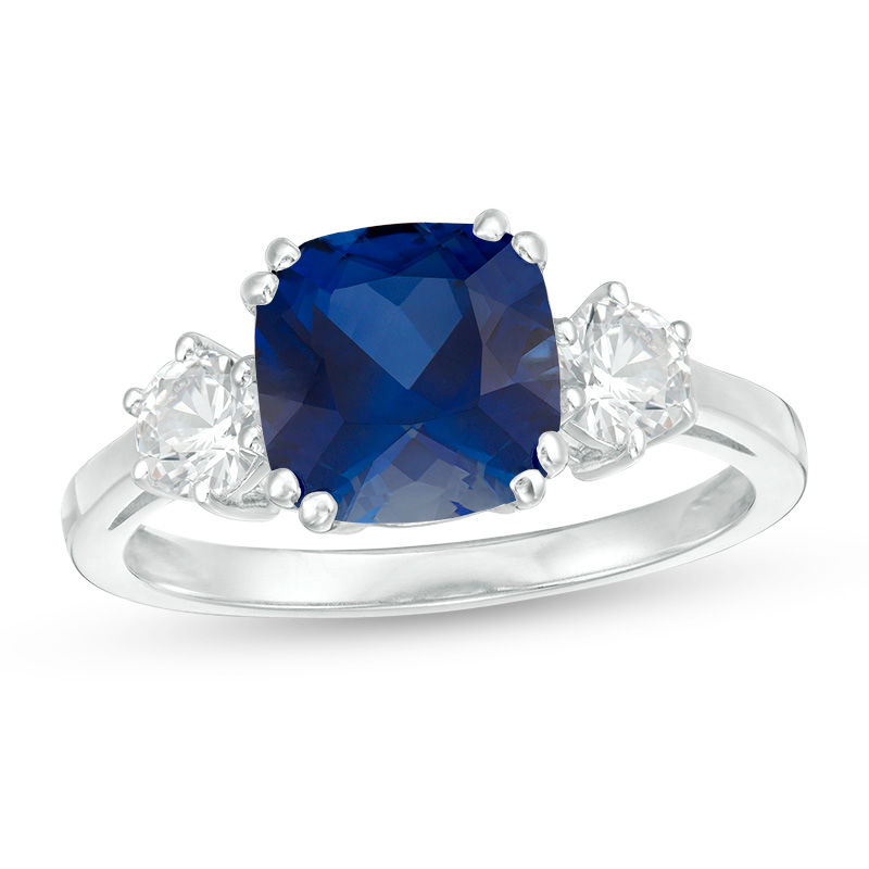 Main Image 1 of 8.0mm Cushion-Cut Lab-Created Blue and White Sapphire Three Stone Ring in Sterling Silver