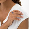 Thumbnail Image 2 of 8.0mm Cushion-Cut Lab-Created Blue and White Sapphire Three Stone Ring in Sterling Silver
