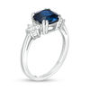 Thumbnail Image 3 of 8.0mm Cushion-Cut Lab-Created Blue and White Sapphire Three Stone Ring in Sterling Silver