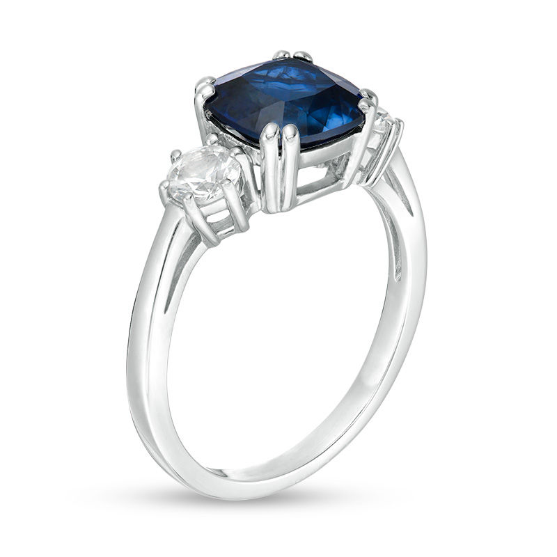 Main Image 3 of 8.0mm Cushion-Cut Lab-Created Blue and White Sapphire Three Stone Ring in Sterling Silver