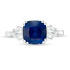 Thumbnail Image 4 of 8.0mm Cushion-Cut Lab-Created Blue and White Sapphire Three Stone Ring in Sterling Silver