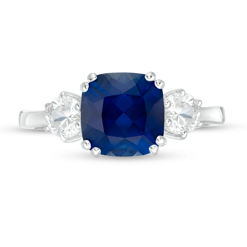 Main Image 4 of 8.0mm Cushion-Cut Lab-Created Blue and White Sapphire Three Stone Ring in Sterling Silver