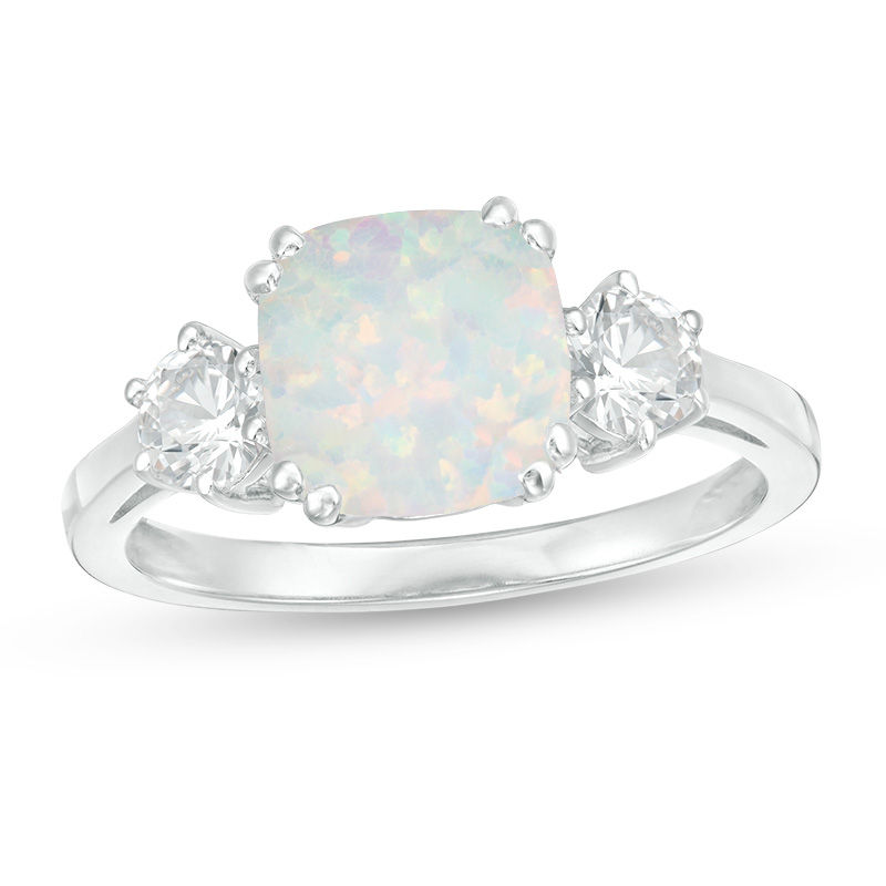 8.0mm Cushion-Cut Lab-Created Opal and White Sapphire Three Stone Ring ...